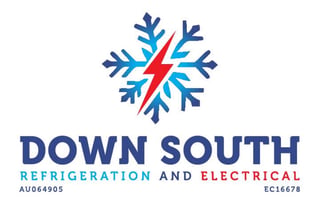 Down South Refrigeration and Electrical logo featuring a snowflake with a red lightning bolt and business license numbers
